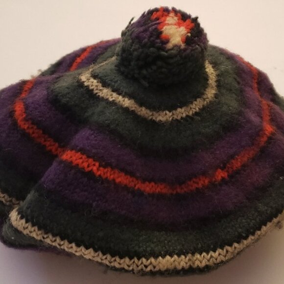 Vintage wool knit beret style cap in colorful stripe pattern, made in Canada